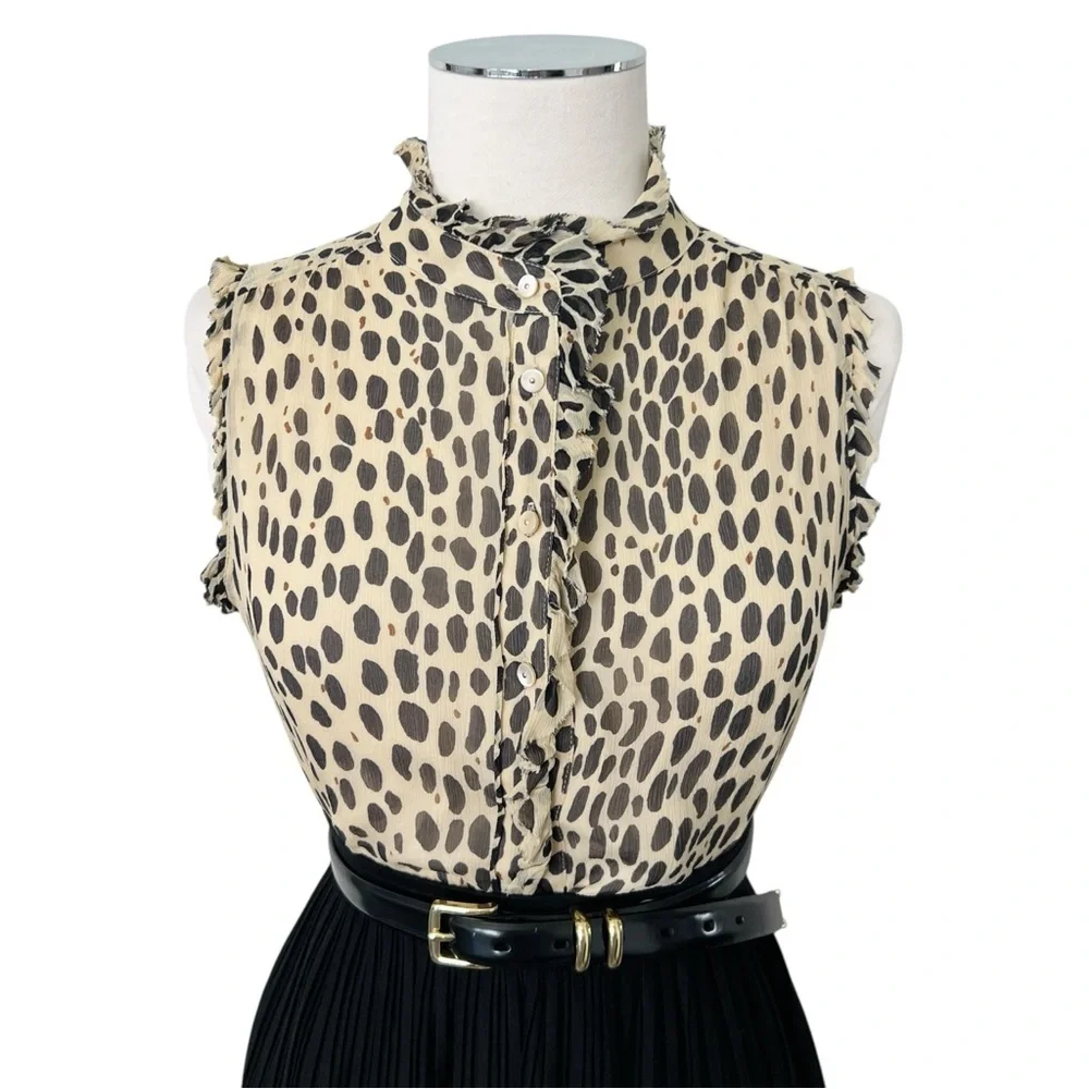 J. Crew Silk Leopard Animal Print Ruffle Blouse Cream Ivory Tan Black Sz 6 - Picture 17 of 17